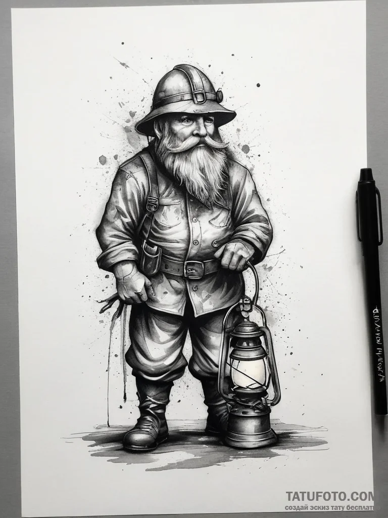 Dwarf miner with a lantern, tattoo sketch des... - эскиз тату (№1753833965_0, 30.07.2025 00:06) — Tatufoto.com
