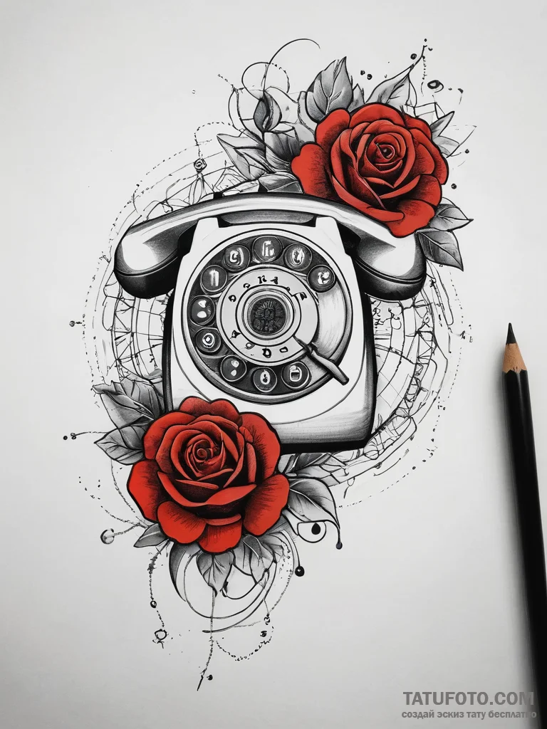 A close-up of a vintage telephone's rotary di... - эскиз тату (№1753864411_0, 30.07.2025 08:33) — Tatufoto.com
