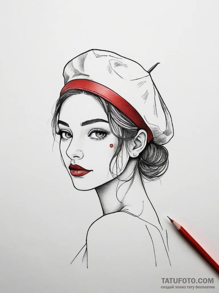 Beret, tattoo drawing outline, minimalist tat... - эскиз тату (№1753868508_0, 30.07.2025 09:41) — Tatufoto.com