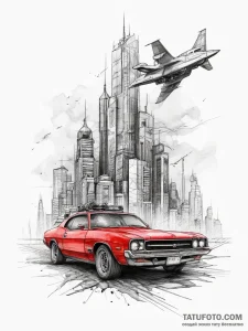 Tattoo sketch a futuristic cityscape at night... - эскиз тату (№1753869087_0, 30.07.2025 09:51) — Tatufoto.com