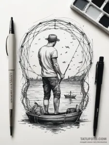A person repairing a fishing net on a dock.,... - эскиз тату (№1753871823_0, 30.07.2025 10:37) — Tatufoto.com