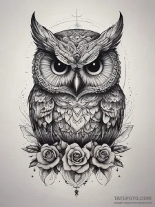 Tattoo design a watchful owl, eyes piercing,... - эскиз тату (№1753873786_0, 30.07.2025 11:09) — Tatufoto.com
