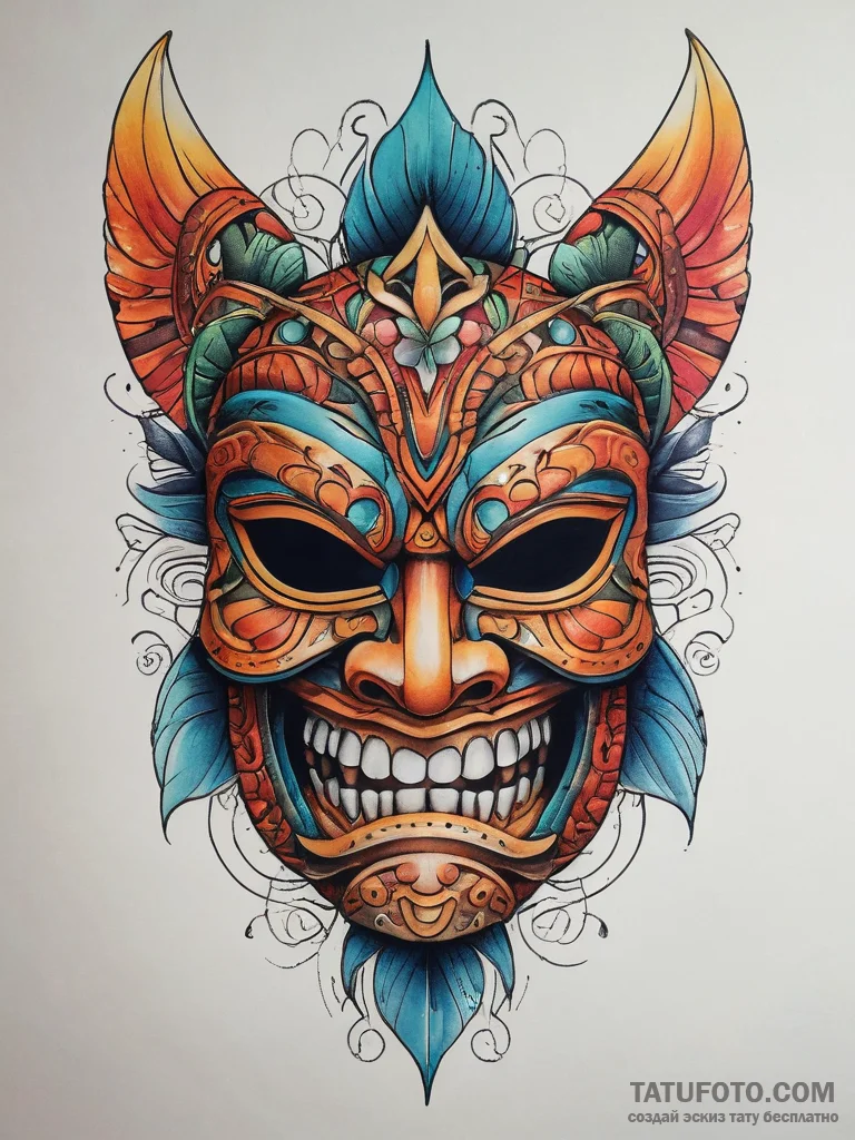 A polynesian tiki mask, tattoo drawing outlin... - эскиз тату (№1753877312_0, 30.07.2025 12:08) — Tatufoto.com
