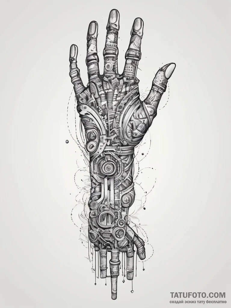 Tattoo sketch a robotic arm with exposed wire... - эскиз тату (№1753878886_0, 30.07.2025 12:34) — Tatufoto.com