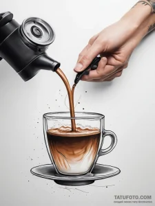 A close-up of a steaming espresso shot being... - эскиз тату (№1753886397_0, 30.07.2025 14:39) — Tatufoto.com
