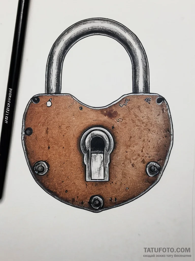 A detailed shot of an old, rusted padlock. - эскиз тату (№1753889320_0, 30.07.2025 15:28) — Tatufoto.com