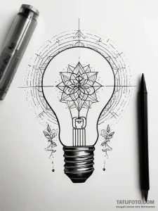 A lightbulb containing a tiny ecosystem, ink... - эскиз тату (№1753890496_0, 30.07.2025 15:48) — Tatufoto.com