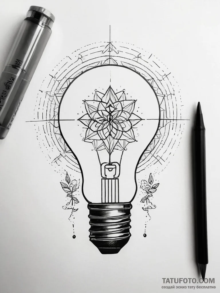 A lightbulb containing a tiny ecosystem, ink... - эскиз тату (№1753890496_0, 30.07.2025 15:48) — Tatufoto.com