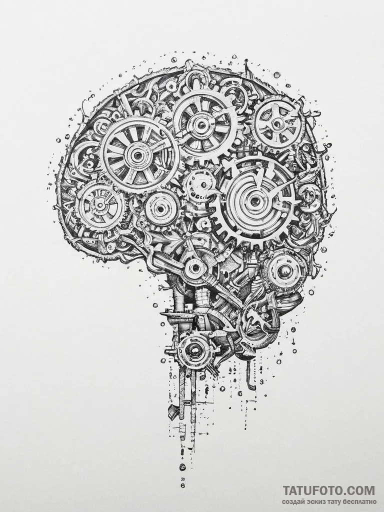 Tattoo sketch a brain with gears and circuits... - эскиз тату (№1753894260_0, 30.07.2025 16:51) — Tatufoto.com