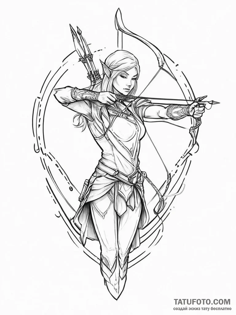 Elven archer, tattoo sketch design, linework... - эскиз тату (№1753895254_0, 30.07.2025 17:07) — Tatufoto.com