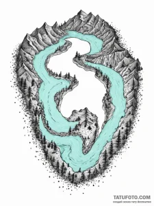An aerial drone shot of a vibrant turquoise r... - эскиз тату (№1753898246_0, 30.07.2025 17:57) — Tatufoto.com
