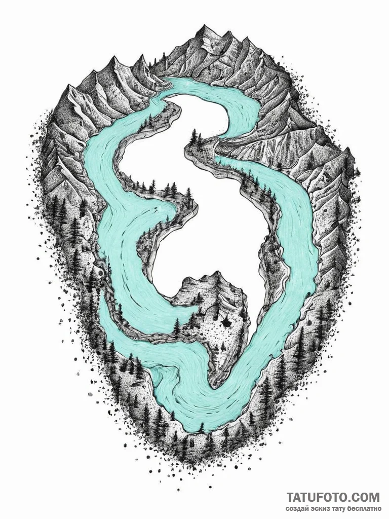 An aerial drone shot of a vibrant turquoise r... - эскиз тату (№1753898246_0, 30.07.2025 17:57) — Tatufoto.com