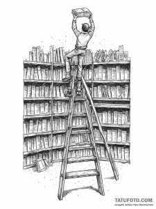 Photo of a librarian on a ladder, reaching fo... - эскиз тату (№1753904170_0, 30.07.2025 19:36) — Tatufoto.com