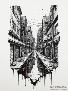 Tattoo sketch a cyberpunk alleyway with neon... - эскиз тату (№1753905930_0, 30.07.2025 20:05) — Tatufoto.com