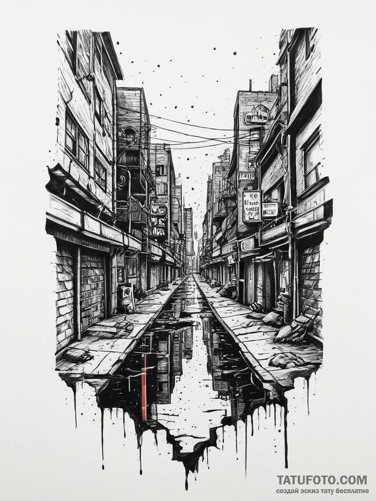 Tattoo sketch a cyberpunk alleyway with neon... - эскиз тату (№1753905930_0, 30.07.2025 20:05) — Tatufoto.com