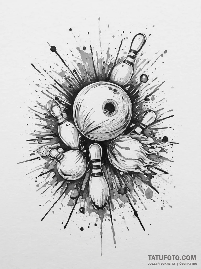 A shot of a bowling ball hitting the pins, an... - эскиз тату (№1753917014_0, 30.07.2025 23:10) — Tatufoto.com