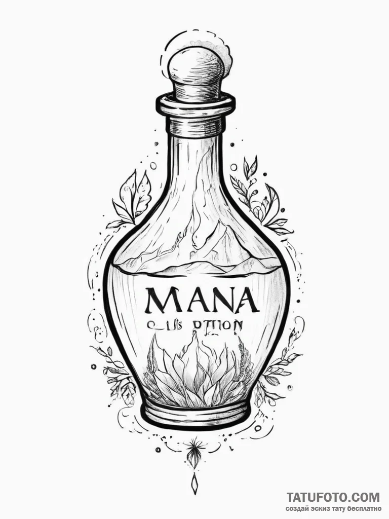 Tattoo sketch a potion bottle labeled "mana"... - эскиз тату (№1753918416_0, 30.07.2025 23:33) — Tatufoto.com