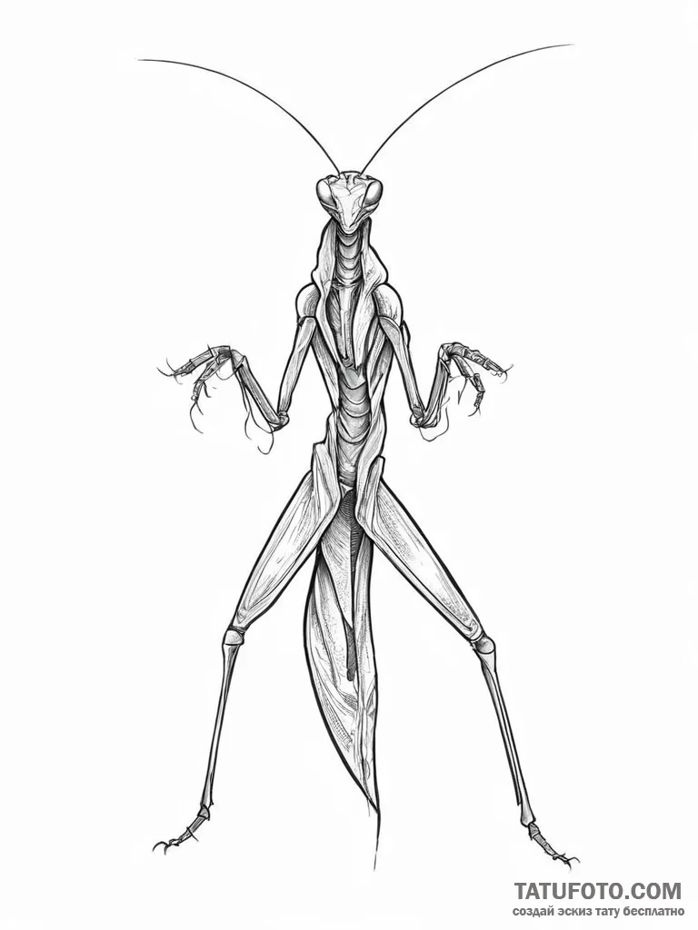 A praying mantis in a martial arts pose, tatt... - эскиз тату (№1753921210_0, 31.07.2025 00:20) — Tatufoto.com