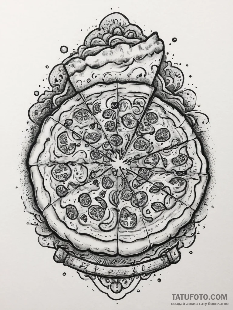 A rustic, artisanal pizza being pulled from a... - эскиз тату (№1753922785_0, 31.07.2025 00:46) — Tatufoto.com