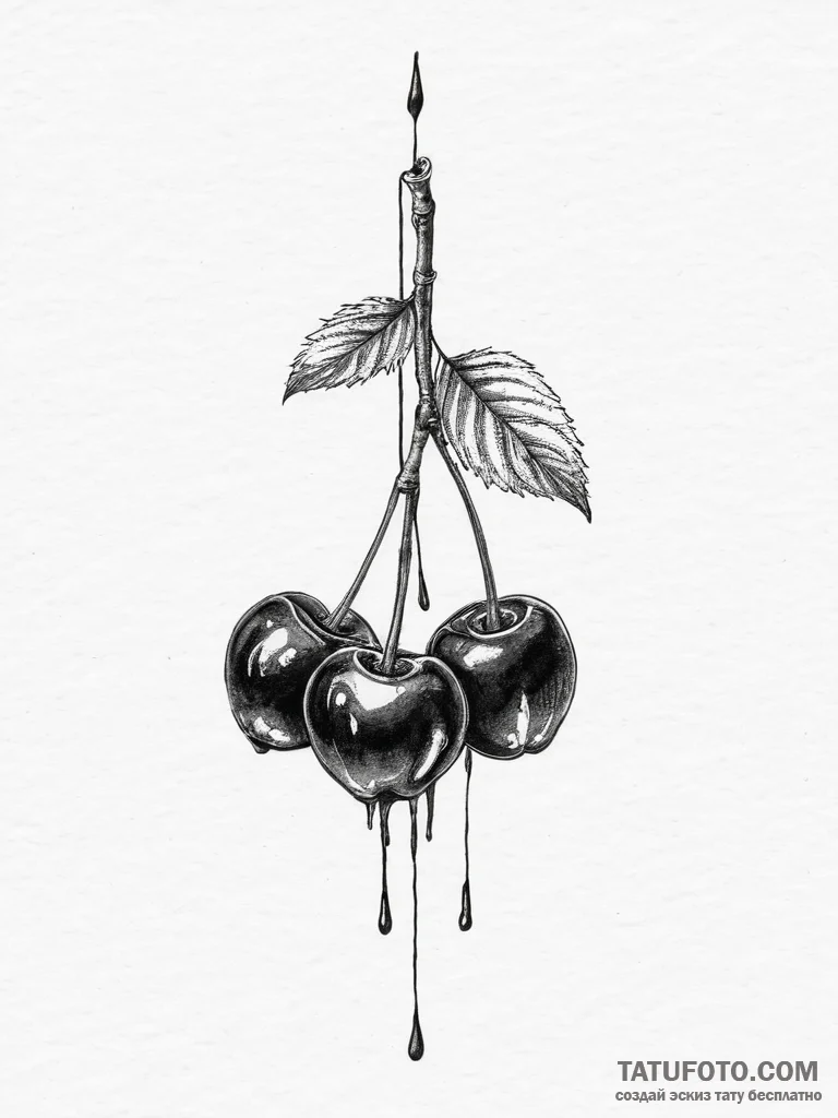 Tattoo sketch a single, perfectly ripe cherry... - эскиз тату (№1753923178_0, 31.07.2025 00:52) — Tatufoto.com