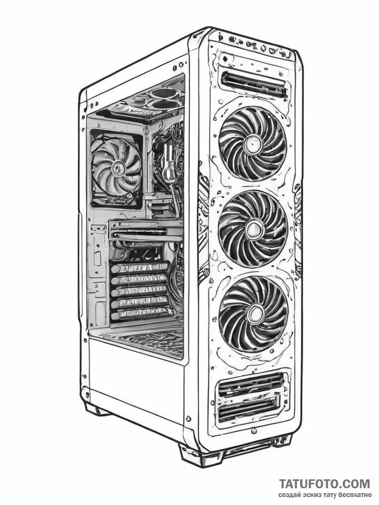 Tattoo sketch a gaming pc tower with glowing... - эскиз тату (№1753926151_0, 31.07.2025 01:42) — Tatufoto.com
