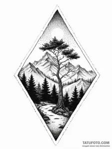 Tattoo design a mountain range with a lone tr... - эскиз тату (№1753926540_0, 31.07.2025 01:49) — Tatufoto.com