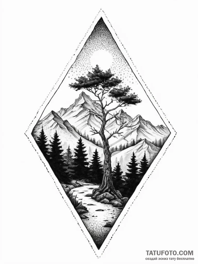 Tattoo design a mountain range with a lone tr... - эскиз тату (№1753926540_0, 31.07.2025 01:49) — Tatufoto.com