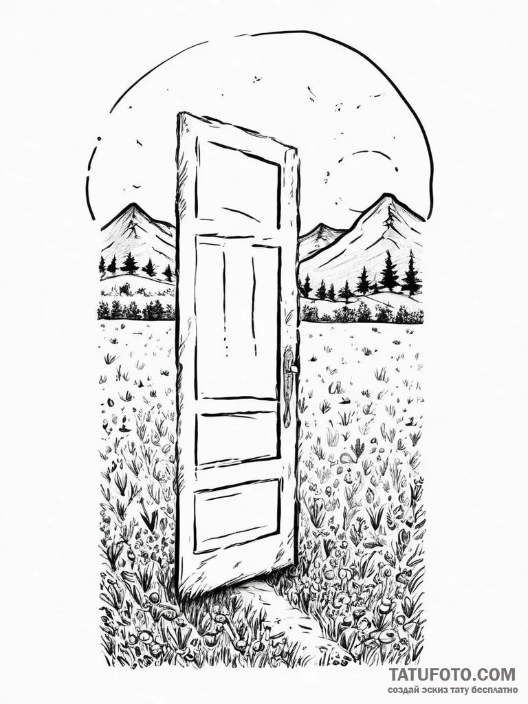 A door standing alone in a field, tattoo draw... - эскиз тату (№1753929675_0, 31.07.2025 02:41) — Tatufoto.com