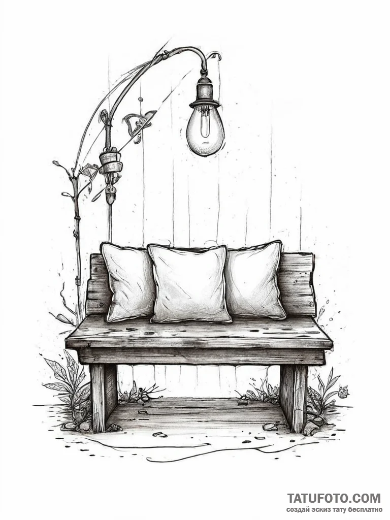 A cozy reading nook with a built-in bench, cu... - эскиз тату (№1753932621_0, 31.07.2025 03:30) — Tatufoto.com