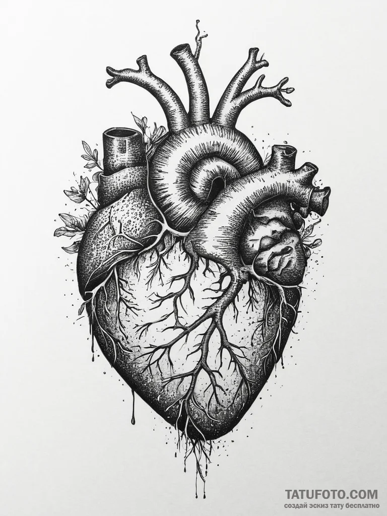 Anatomical heart with roots growing into the... - эскиз тату (№1753934366_0, 31.07.2025 03:59) — Tatufoto.com