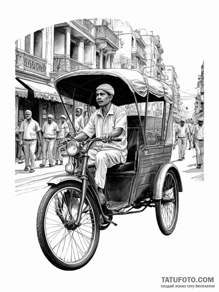A shot of a rickshaw driver navigating a crow... - эскиз тату (№1753934753_0, 31.07.2025 04:05) — Tatufoto.com