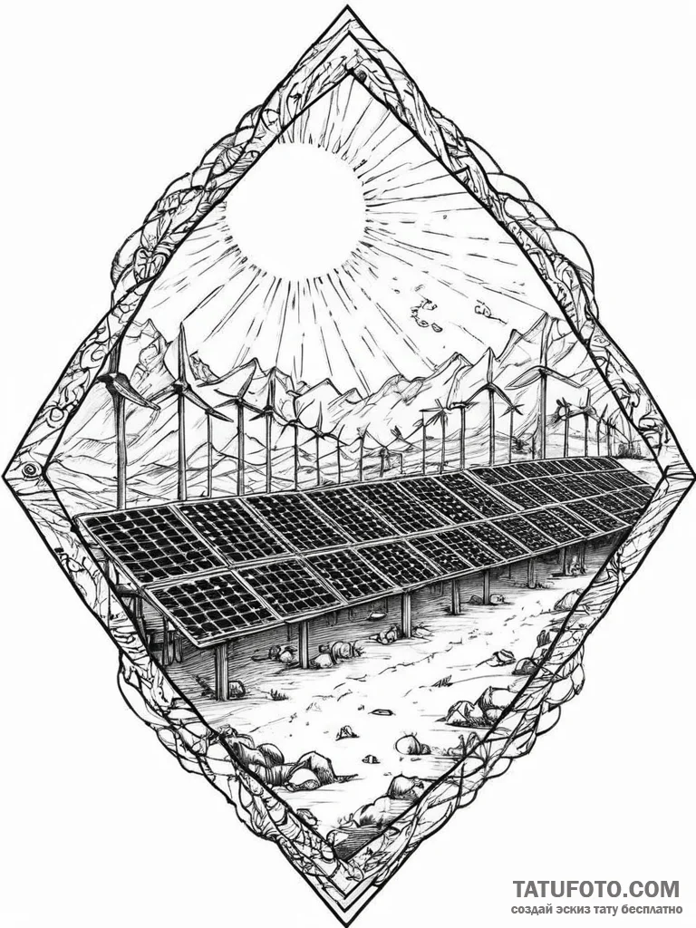 A shot of a solar panel farm stretching to th... - эскиз тату (№1753937699_0, 31.07.2025 04:54) — Tatufoto.com