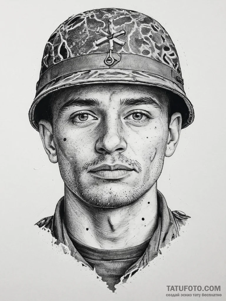 Tattoo sketch a soldier's face etched with ex... - эскиз тату (№1753938279_0, 31.07.2025 05:04) — Tatufoto.com