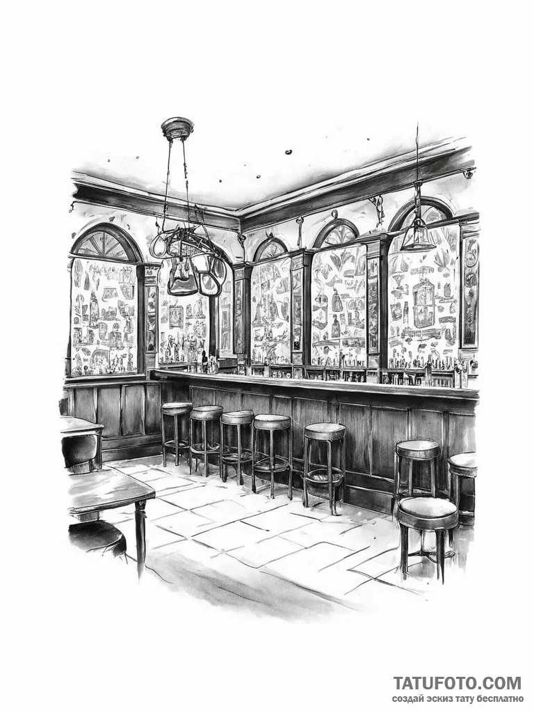 A dimly lit, atmospheric speakeasy bar with v... - эскиз тату (№1753939456_0, 31.07.2025 05:24) — Tatufoto.com