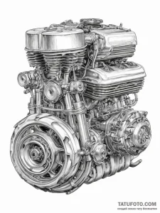A close-up shot of the intricate engine of a... - эскиз тату (№1753941215_0, 31.07.2025 05:53) — Tatufoto.com