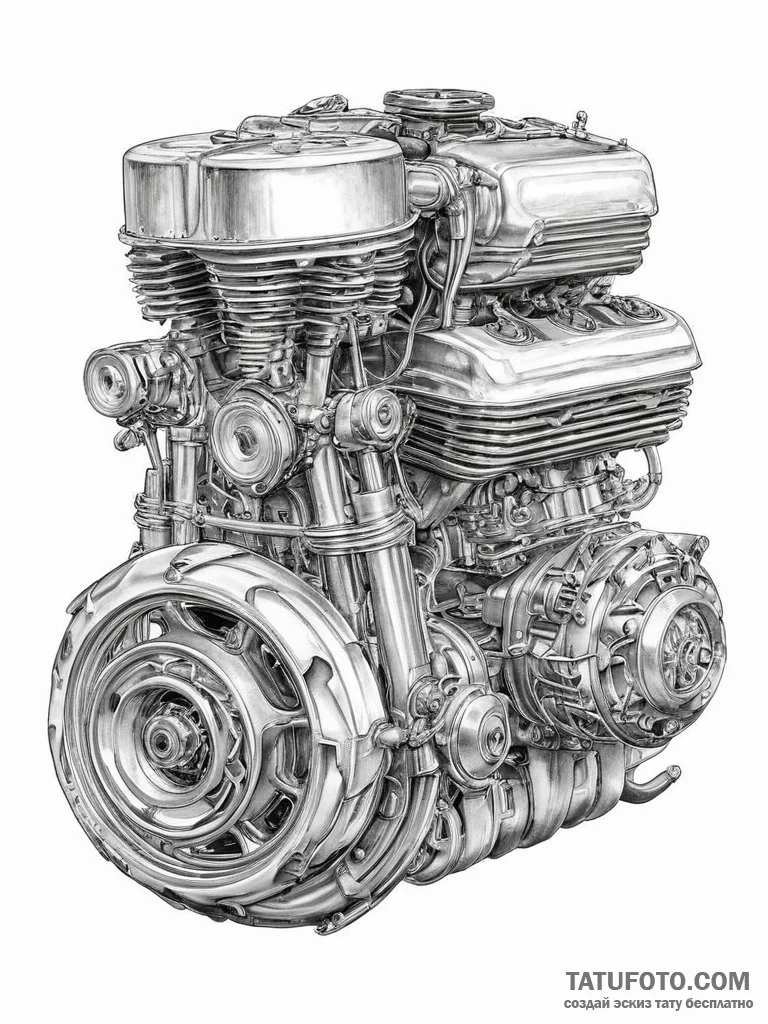 A close-up shot of the intricate engine of a... - эскиз тату (№1753941215_0, 31.07.2025 05:53) — Tatufoto.com