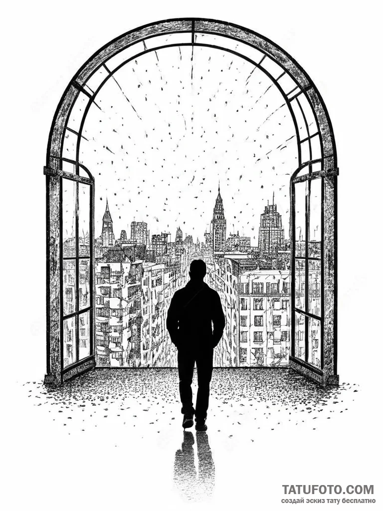 A silhouette of a person standing in a large,... - эскиз тату (№1753942779_0, 31.07.2025 06:19) — Tatufoto.com