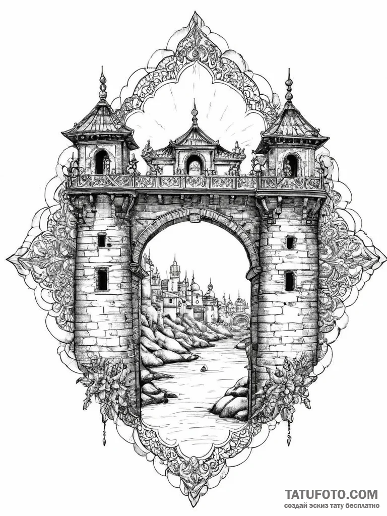 Tattoo sketch a fortified city gate, symboliz... - эскиз тату (№1753943558_0, 31.07.2025 06:32) — Tatufoto.com