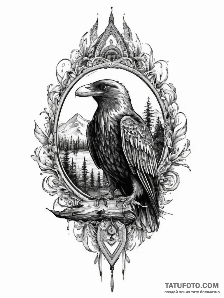 Tattoo design a stylized raven or eagle watch... - эскиз тату (№1753943756_0, 31.07.2025 06:35) — Tatufoto.com