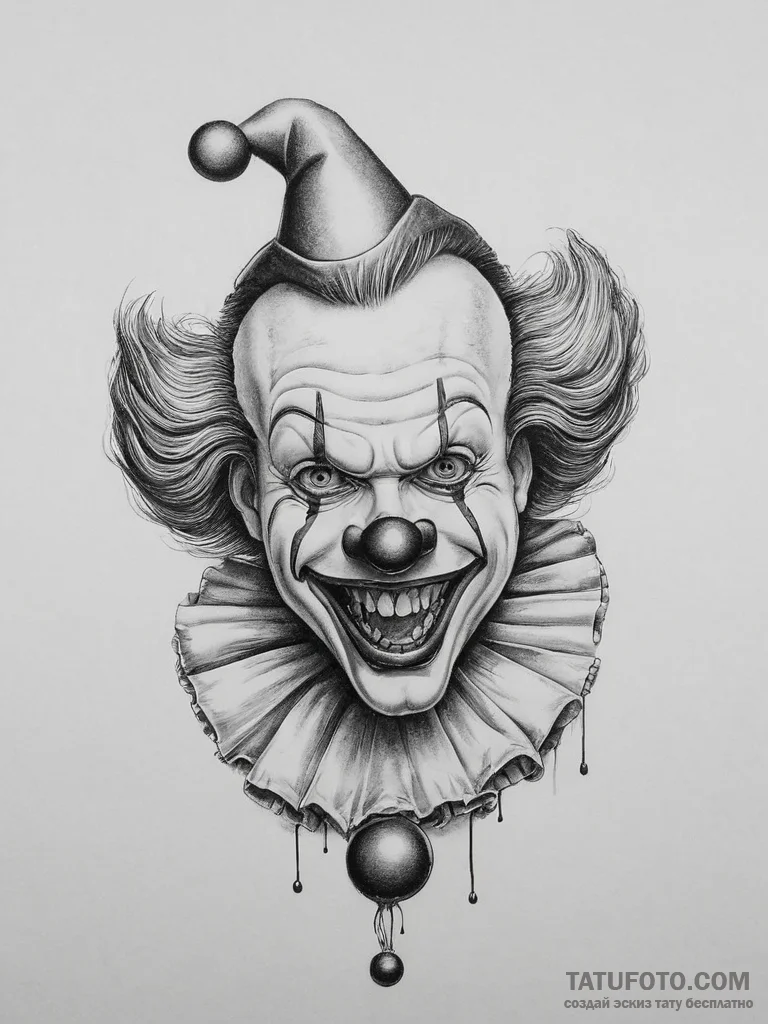 Clown, tattoo drawing outline, on a clean whi... - эскиз тату (№1753944340_0, 31.07.2025 06:45) — Tatufoto.com