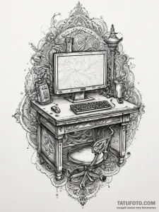 Tattoo sketch a gaming desk with a messy but... - эскиз тату (№1753944931_0, 31.07.2025 06:55) — Tatufoto.com