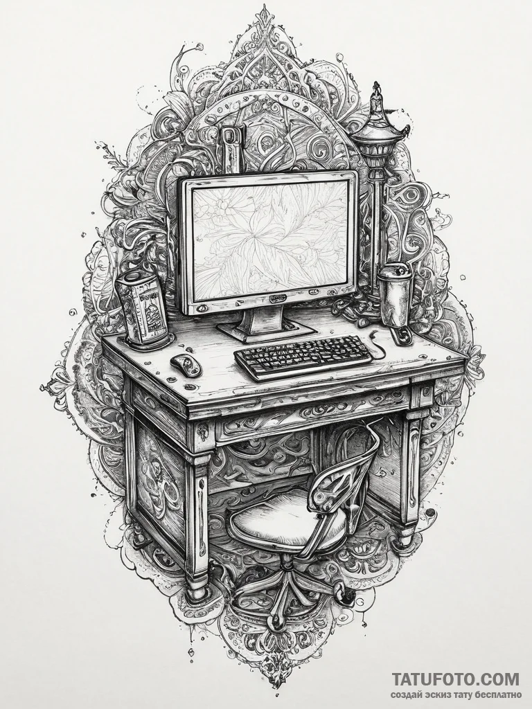 Tattoo sketch a gaming desk with a messy but... - эскиз тату (№1753944931_0, 31.07.2025 06:55) — Tatufoto.com