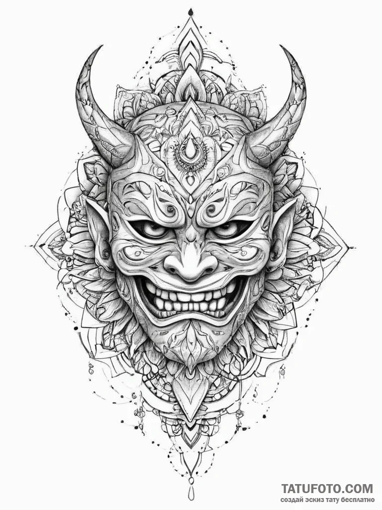 Oni mask, ink illustration for tattoo, vibran... - эскиз тату (№1753945326_0, 31.07.2025 07:02) — Tatufoto.com