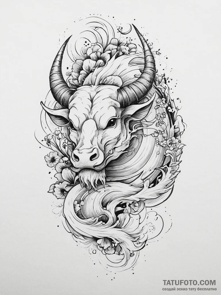 Tattoo design a taurus bull, depicted in a fl... - эскиз тату (№1753946106_0, 31.07.2025 07:15) — Tatufoto.com