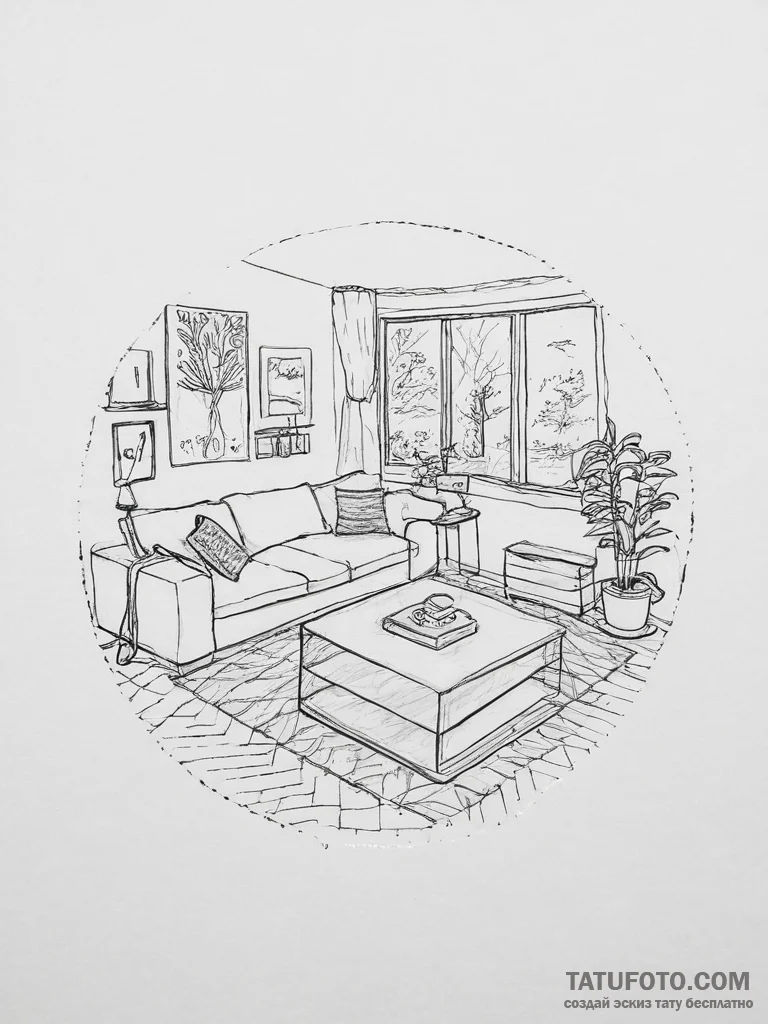 A minimalist, scandinavian-style living room... - эскиз тату (№1753946952_0, 31.07.2025 07:29) — Tatufoto.com