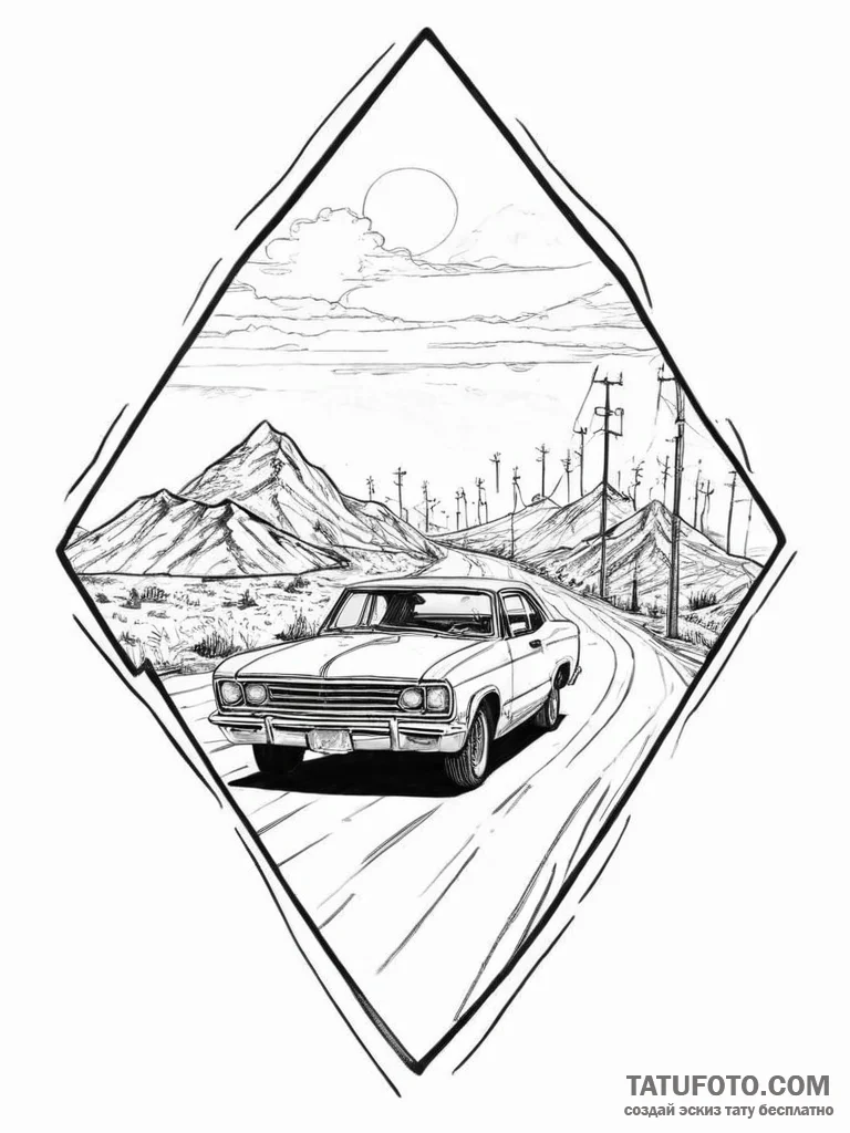 Tattoo sketch a post-apocalyptic vehicle driv... - эскиз тату (№1753947375_0, 31.07.2025 07:36) — Tatufoto.com