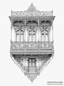 A detailed shot of ornate ironwork on a balco... - эскиз тату (№1753952872_0, 31.07.2025 09:07) — Tatufoto.com
