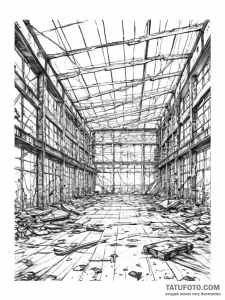 The interior of an old, abandoned factory wit... - эскиз тату (№1753954075_0, 31.07.2025 09:27) — Tatufoto.com