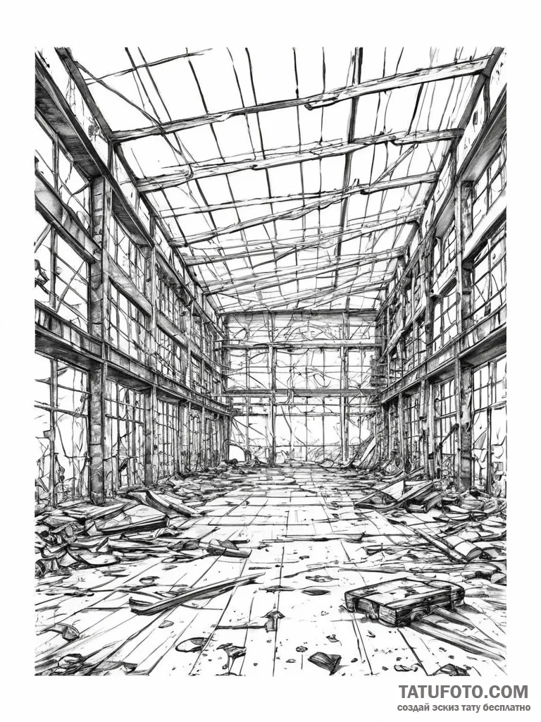 The interior of an old, abandoned factory wit... - эскиз тату (№1753954075_0, 31.07.2025 09:27) — Tatufoto.com