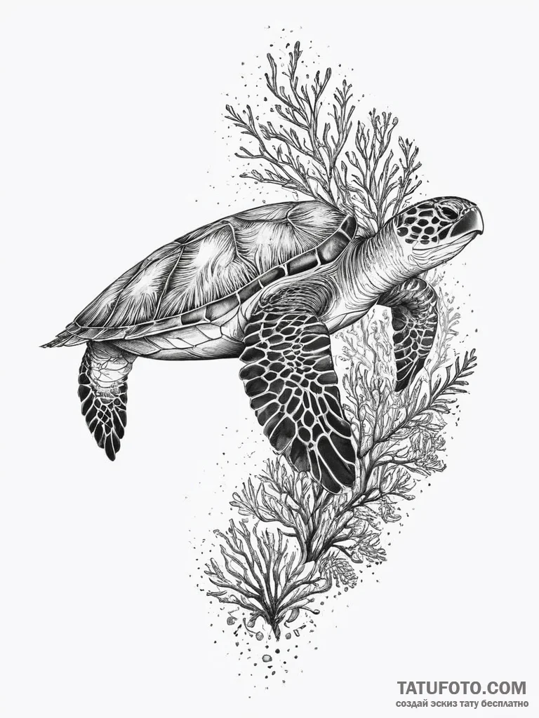 A sea turtle gracefully swimming over a vibra... - эскиз тату (№1753975399_0, 31.07.2025 15:23) — Tatufoto.com